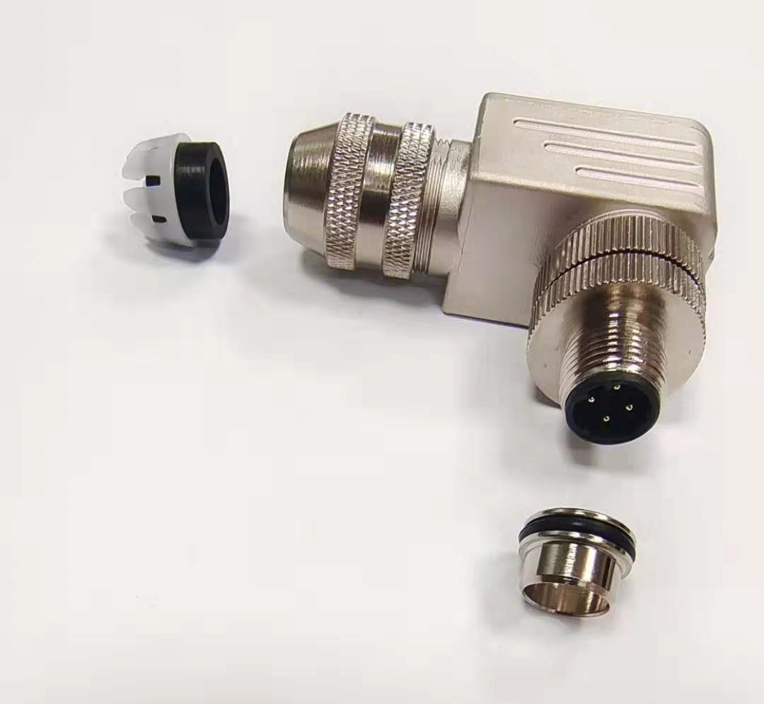 M12连接器工业D code 4pin弯头金属连接器螺丝连接